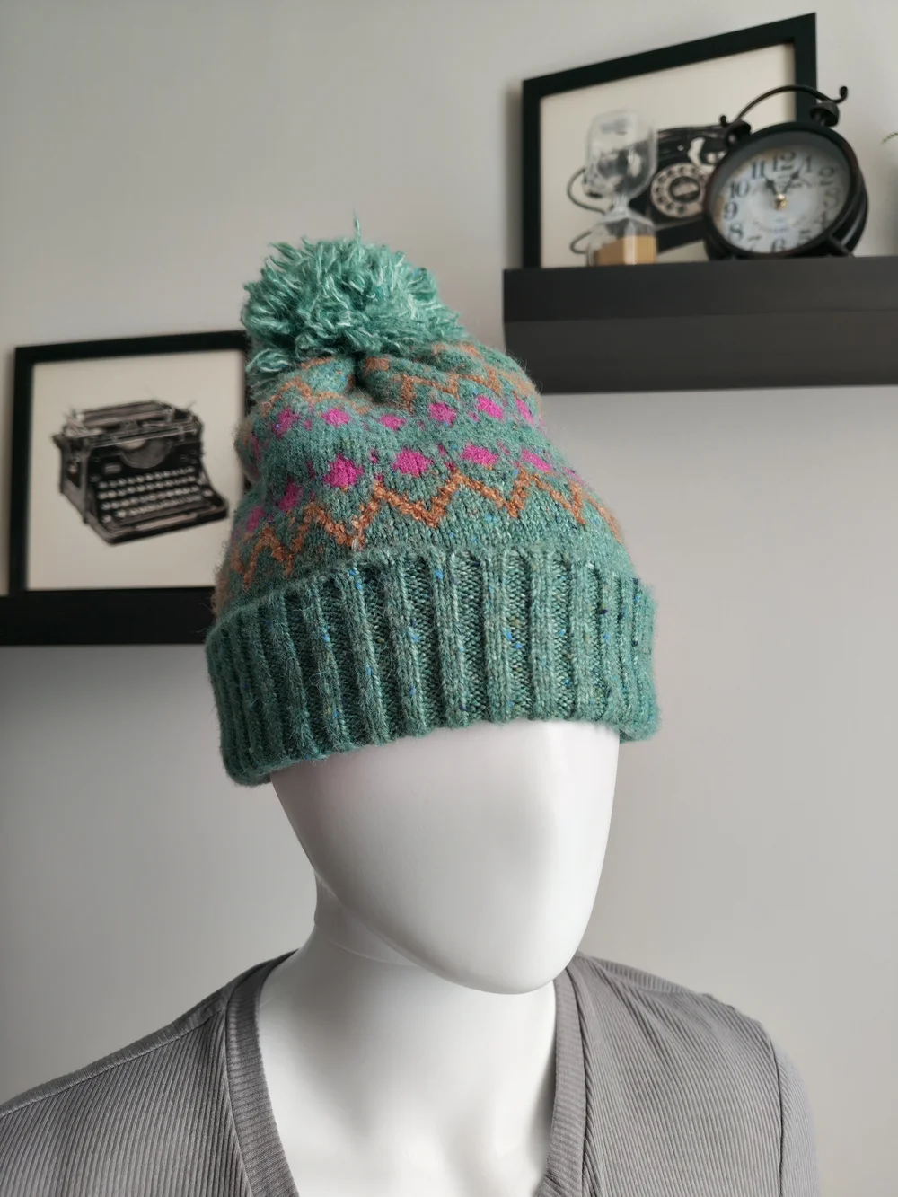 Kids Pom-Pom Beanie Hat in Teal with Pink Accents